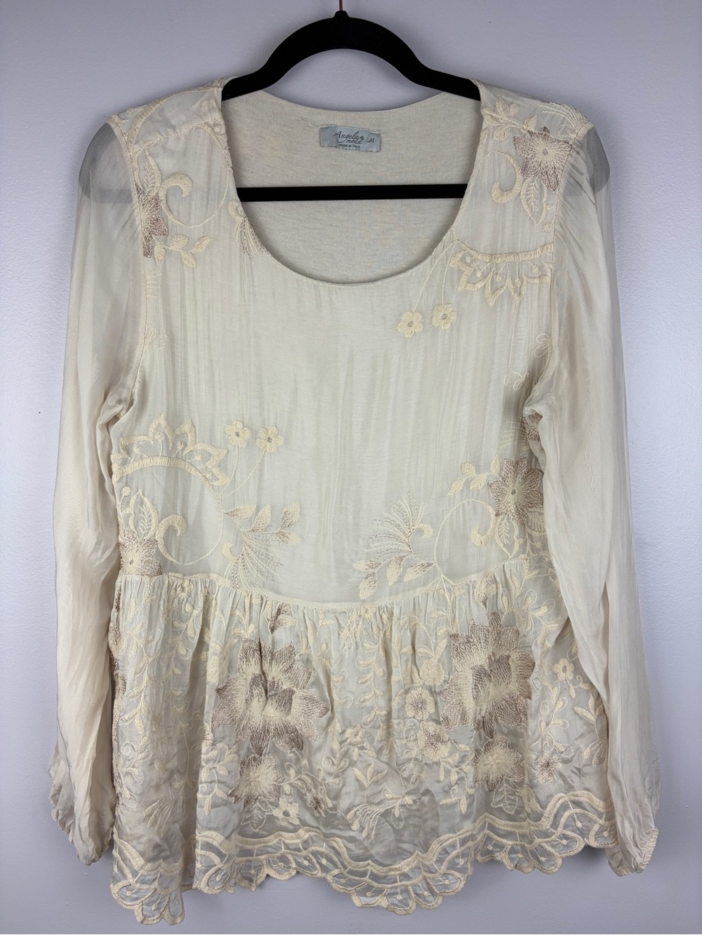 Angela Moda Italy Silk Embroidered Floral Boho Blouse Tunic Medium - Picture 2 of 16